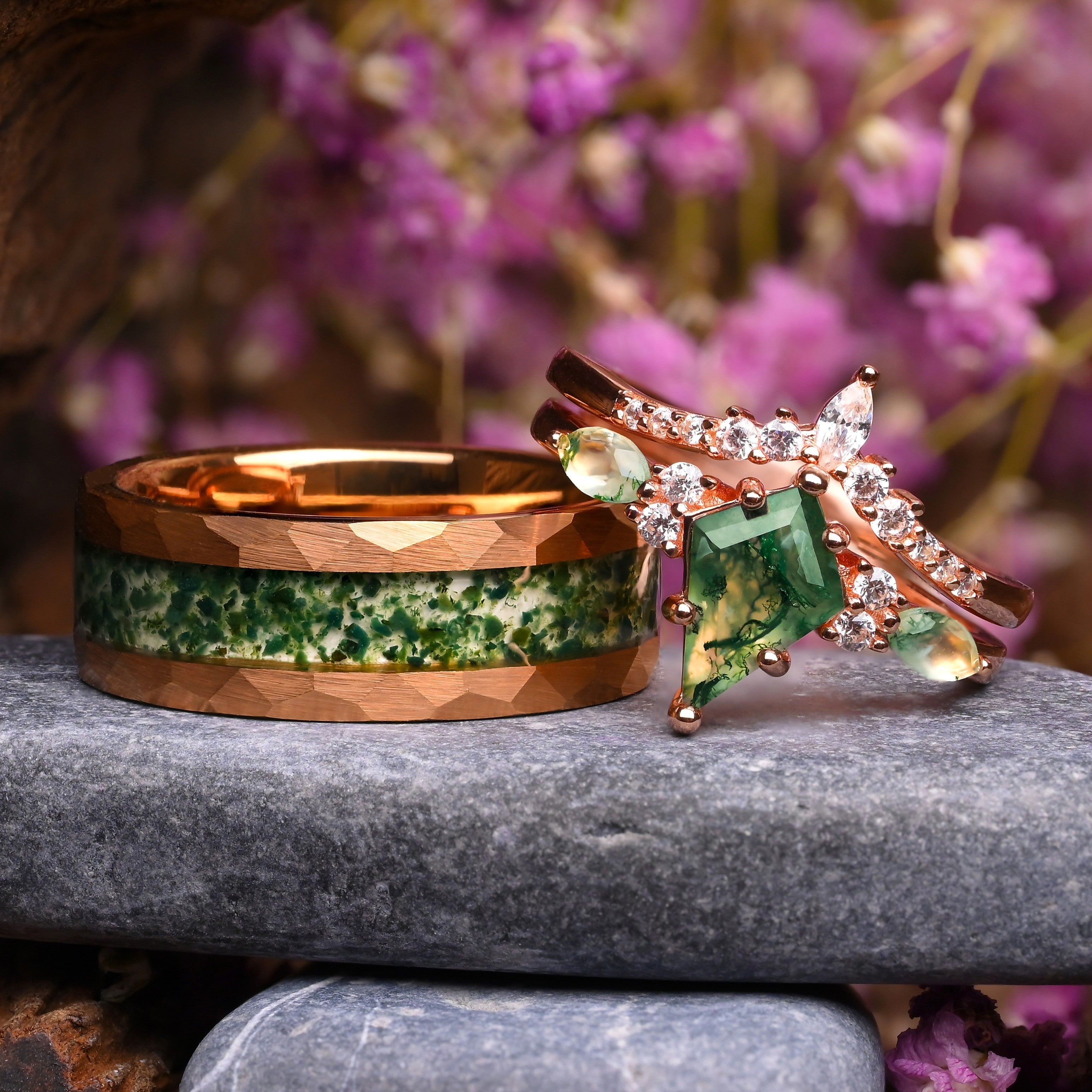 Elysia Ringe Fur Paare - wolfram und  925-Silber Ring moosachat Monetto Ringe