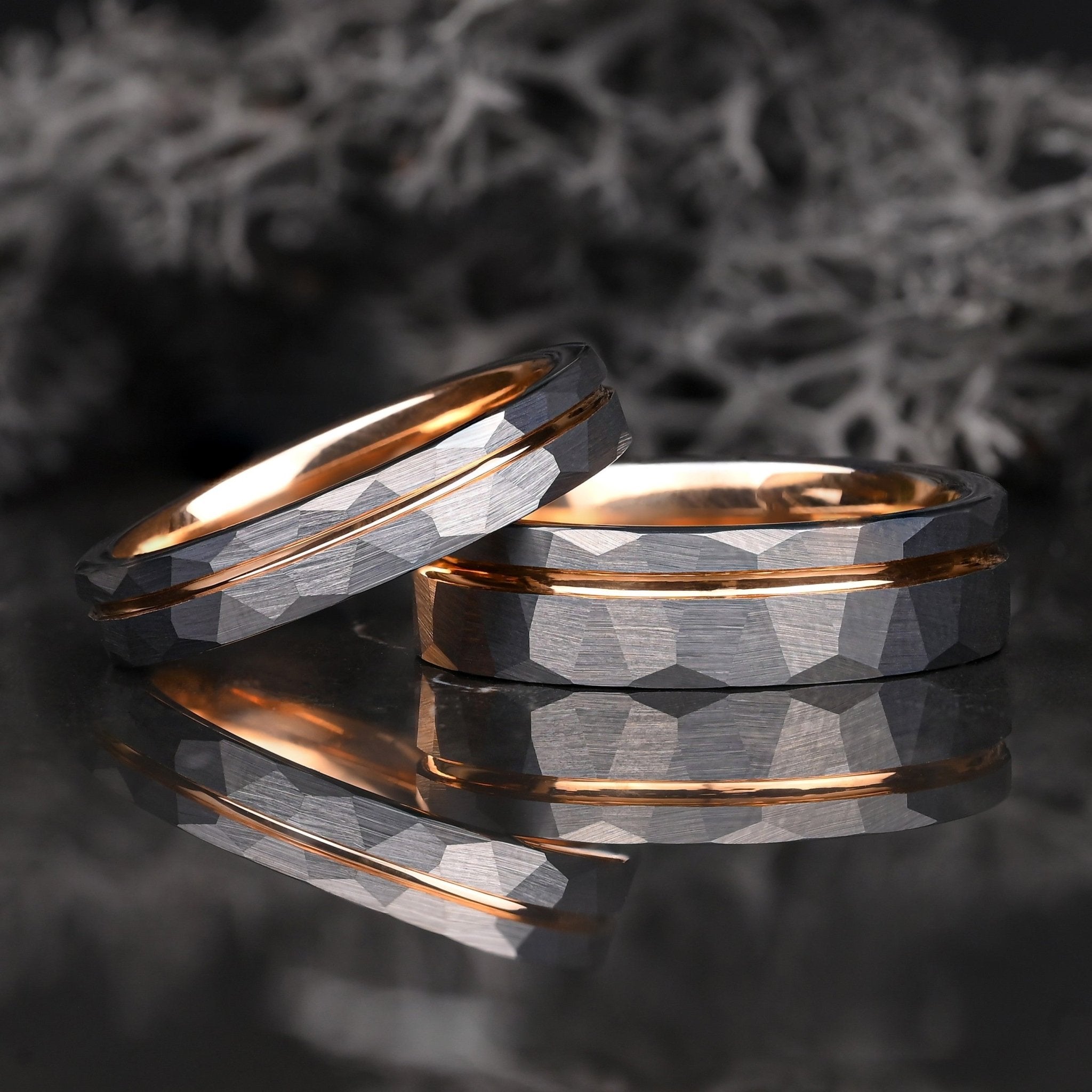 Silber Wolfram Ringe Set Für Paare - Streifen in Roségold - Monetto Ringe