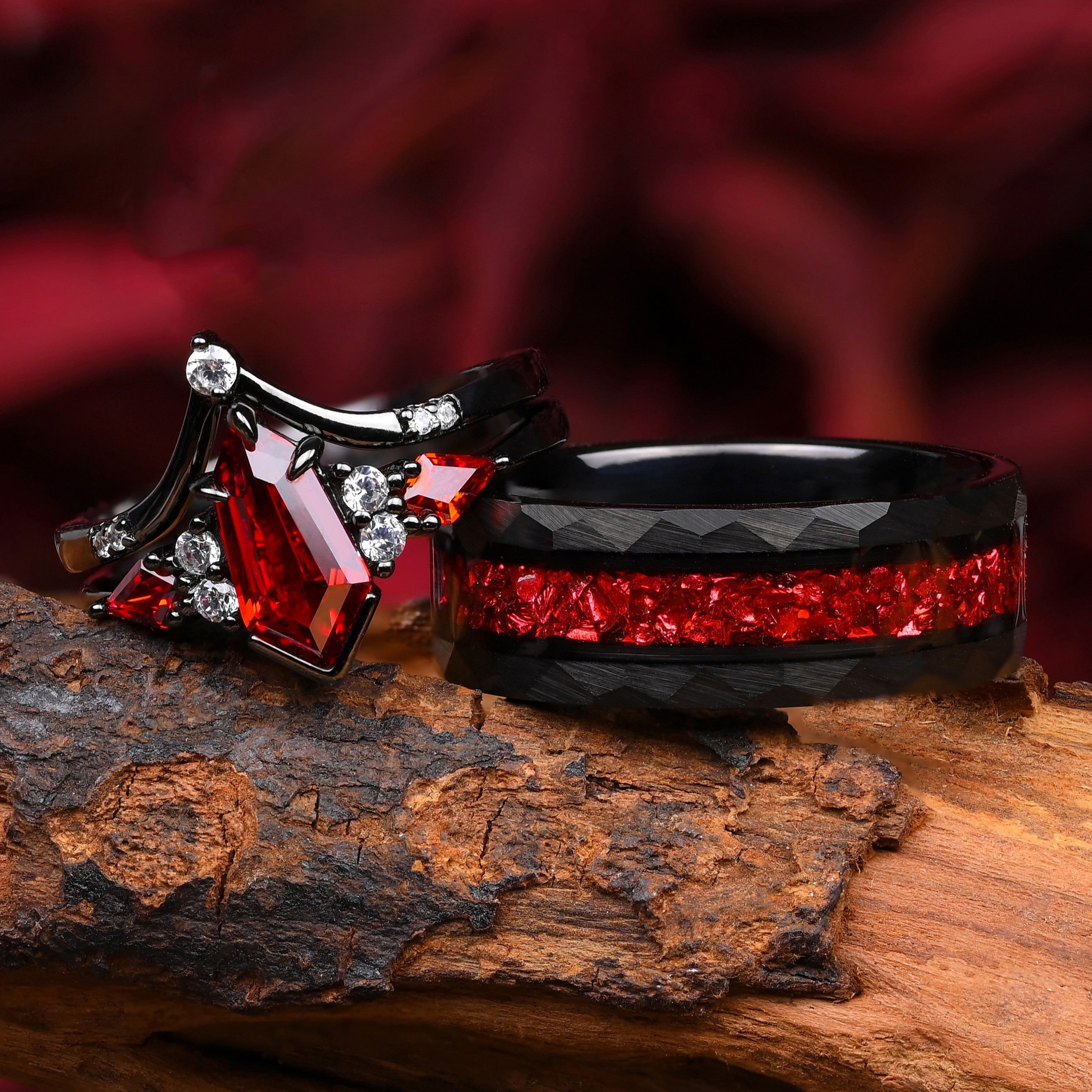 Garnet – Ring für Paare– 925 Sterling Silber und Wolfram Ringe – Ehering – Trauring – Roter Granat – Jubiläumsgeschenk – Monetto-Ringe