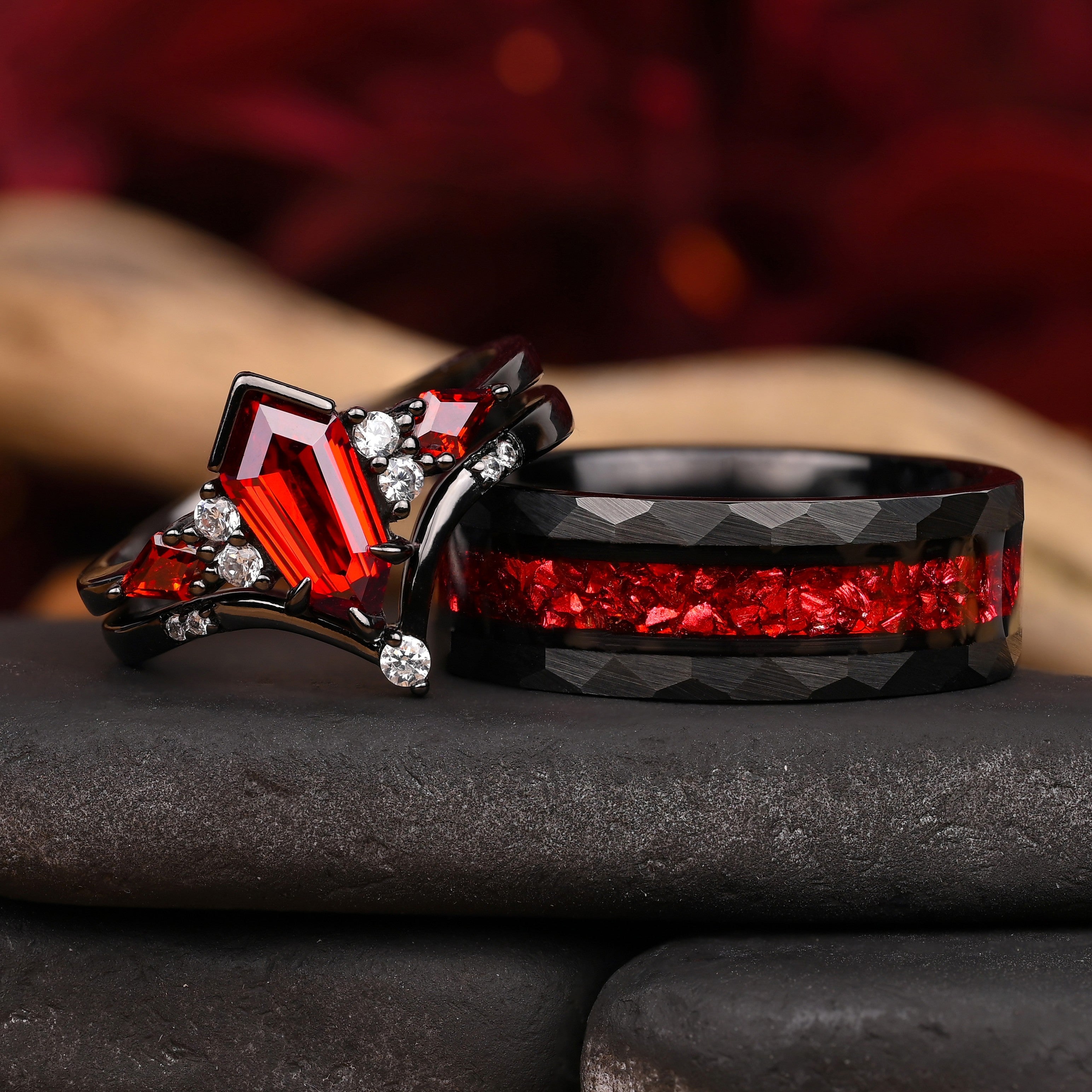 Garnet – Ring für Paare– 925 Sterling Silber und Wolfram Ringe – Ehering – Trauring – Roter Granat – Jubiläumsgeschenk – Monetto-Ringe