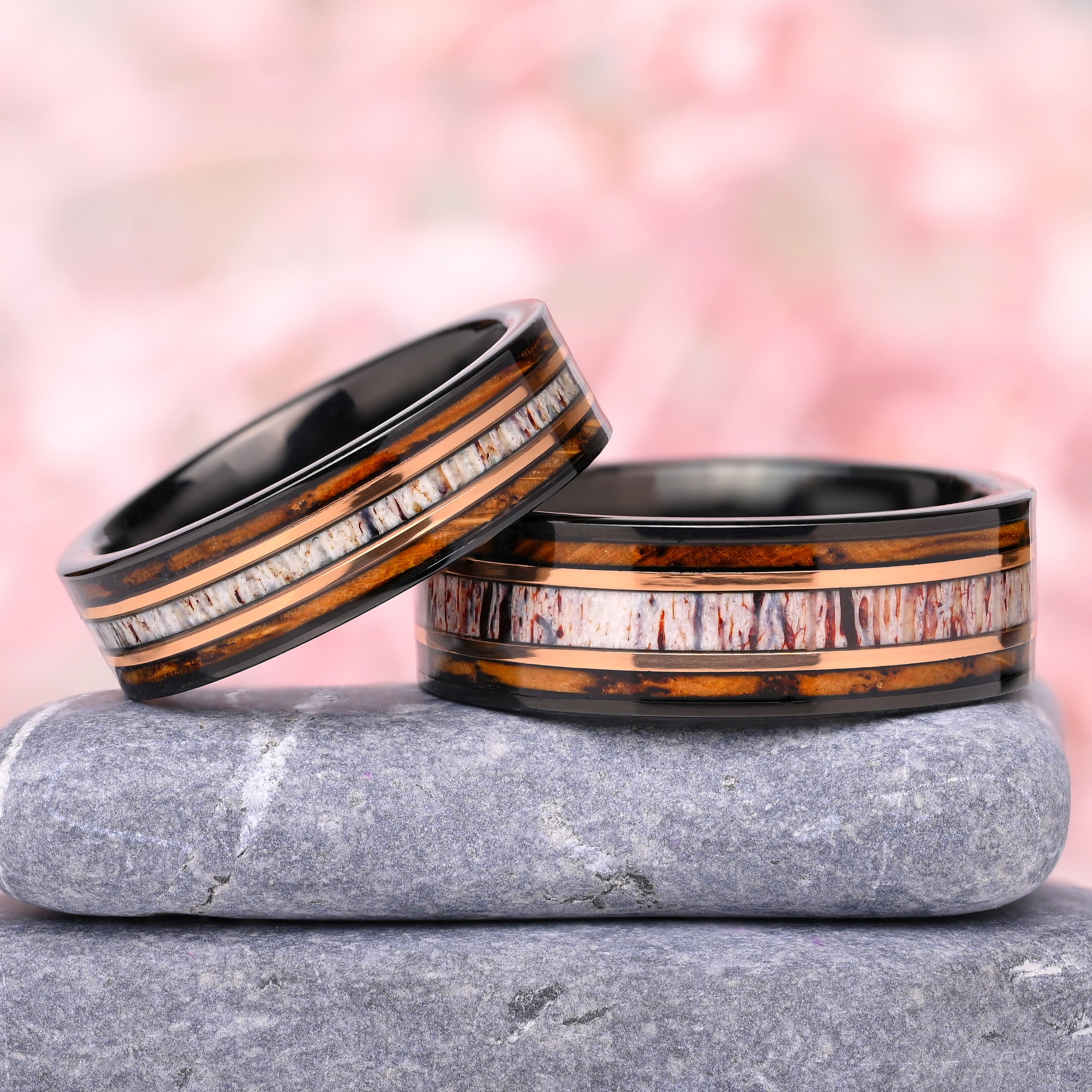 Nero Ringe Fur Paare - wolfram und 925-Silber Ring - Whiskeyfass und Hirschhorn - Jubiläumsringe - Monetto Ringe