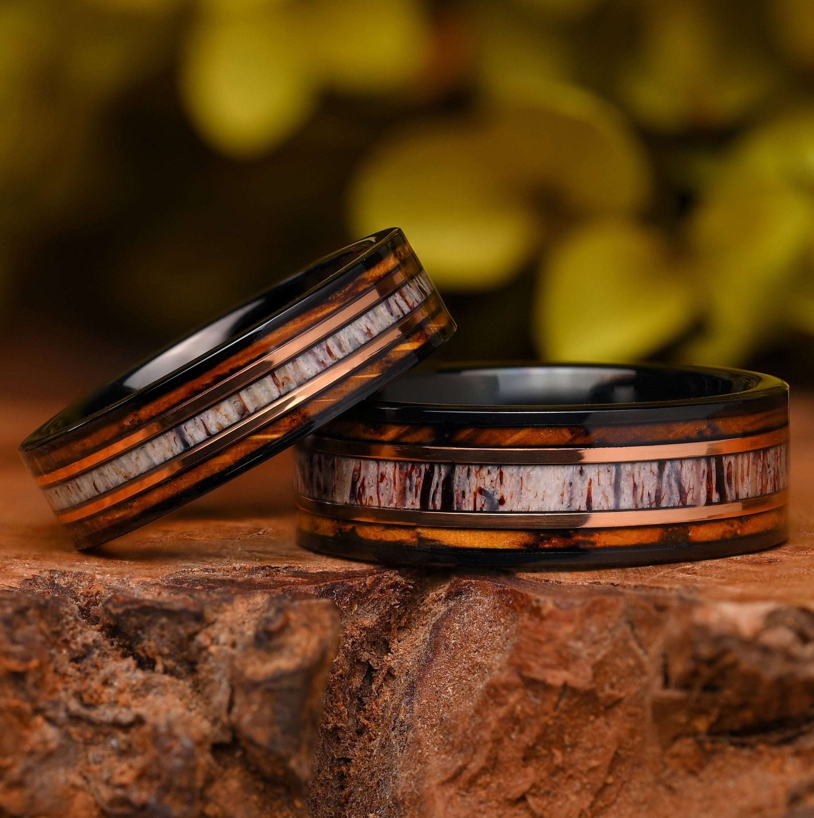 Nero Ringe Fur Paare - wolfram und 925-Silber Ring - Whiskeyfass und Hirschhorn - Jubiläumsringe - Monetto Ringe