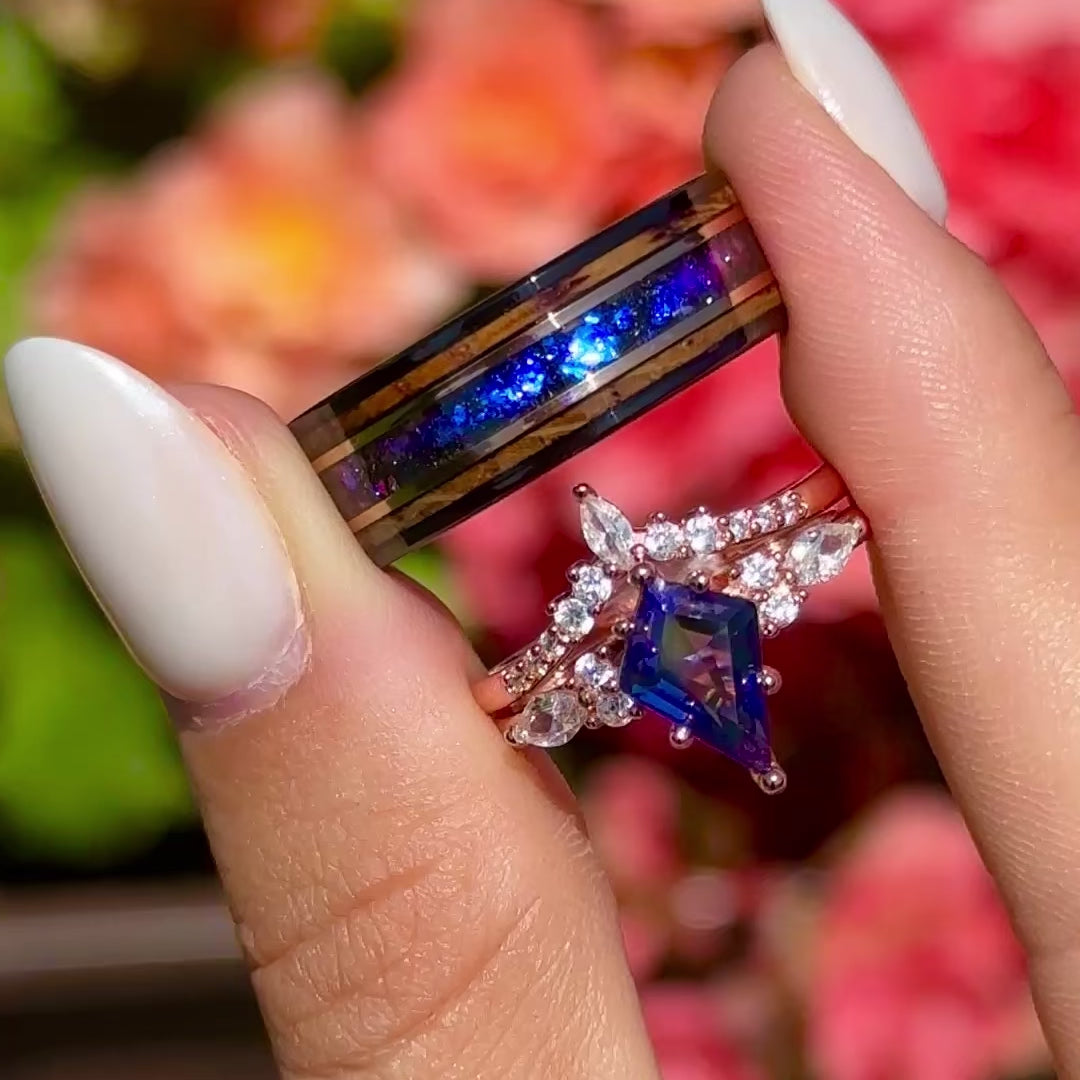 Neptun - Ringe Set Fur Paare - Wolfram und 925 Silber Ringe - Sapphire und Nebel einlage - Monetto Ringe