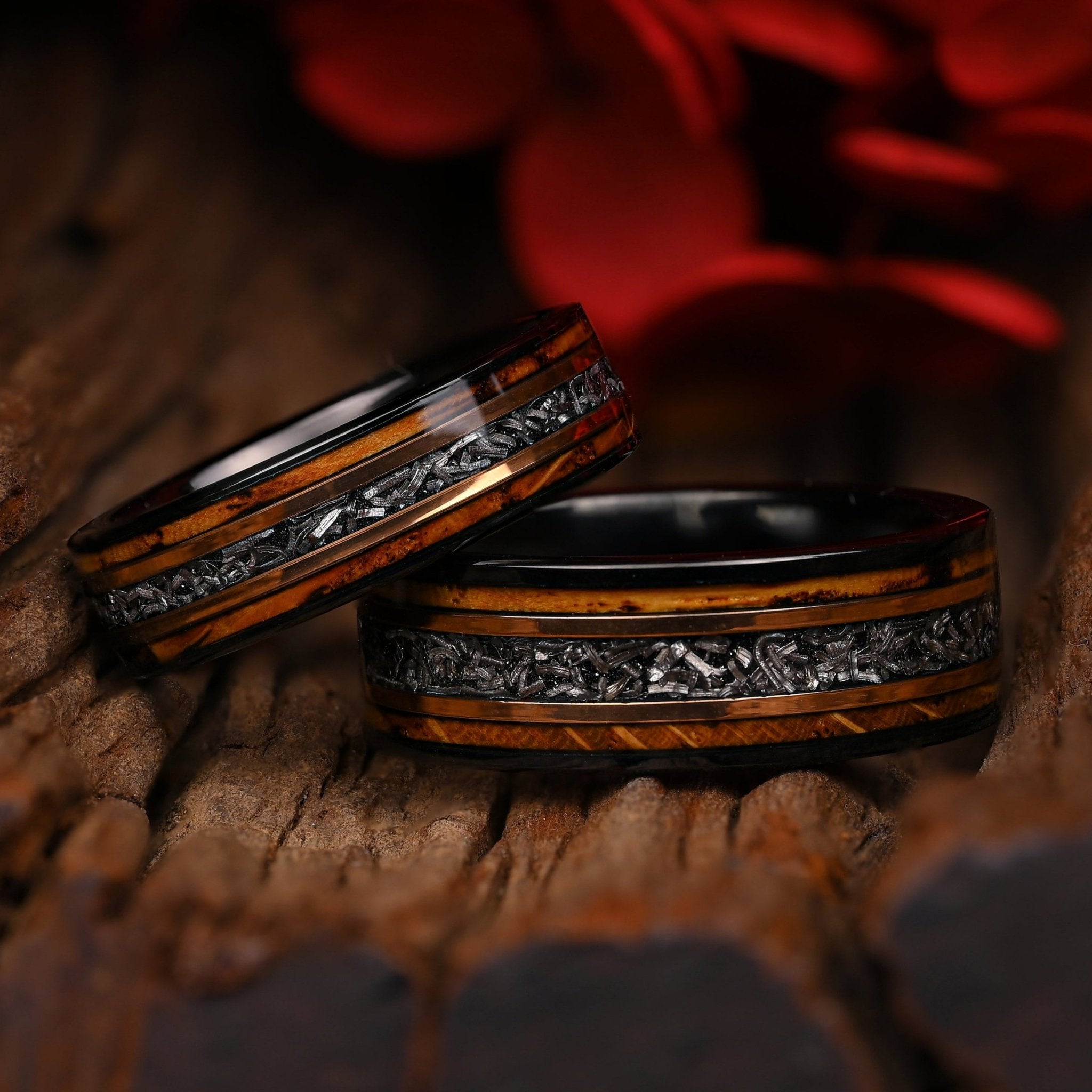 Sternholz - Ring-Set für Paare - Wolfram WHISKEYFASS & METEORIT