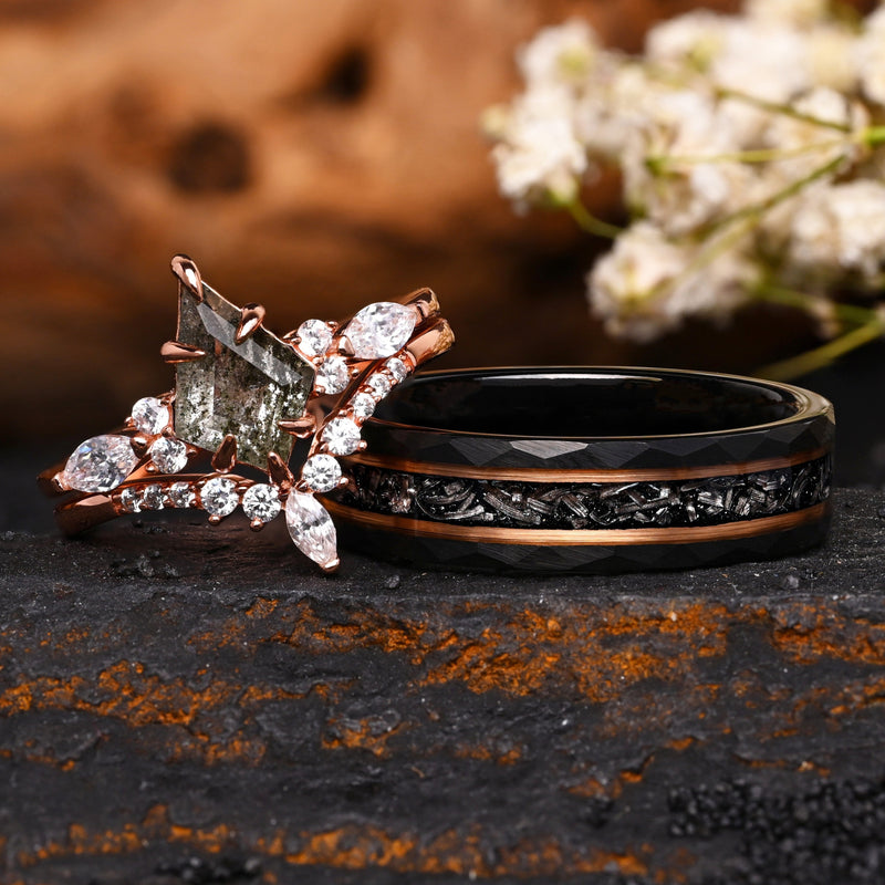 Meteor Na Ringe Destiny - Ringe Set - Ringe für Paare | Wolfram und Meteoriteneinlage