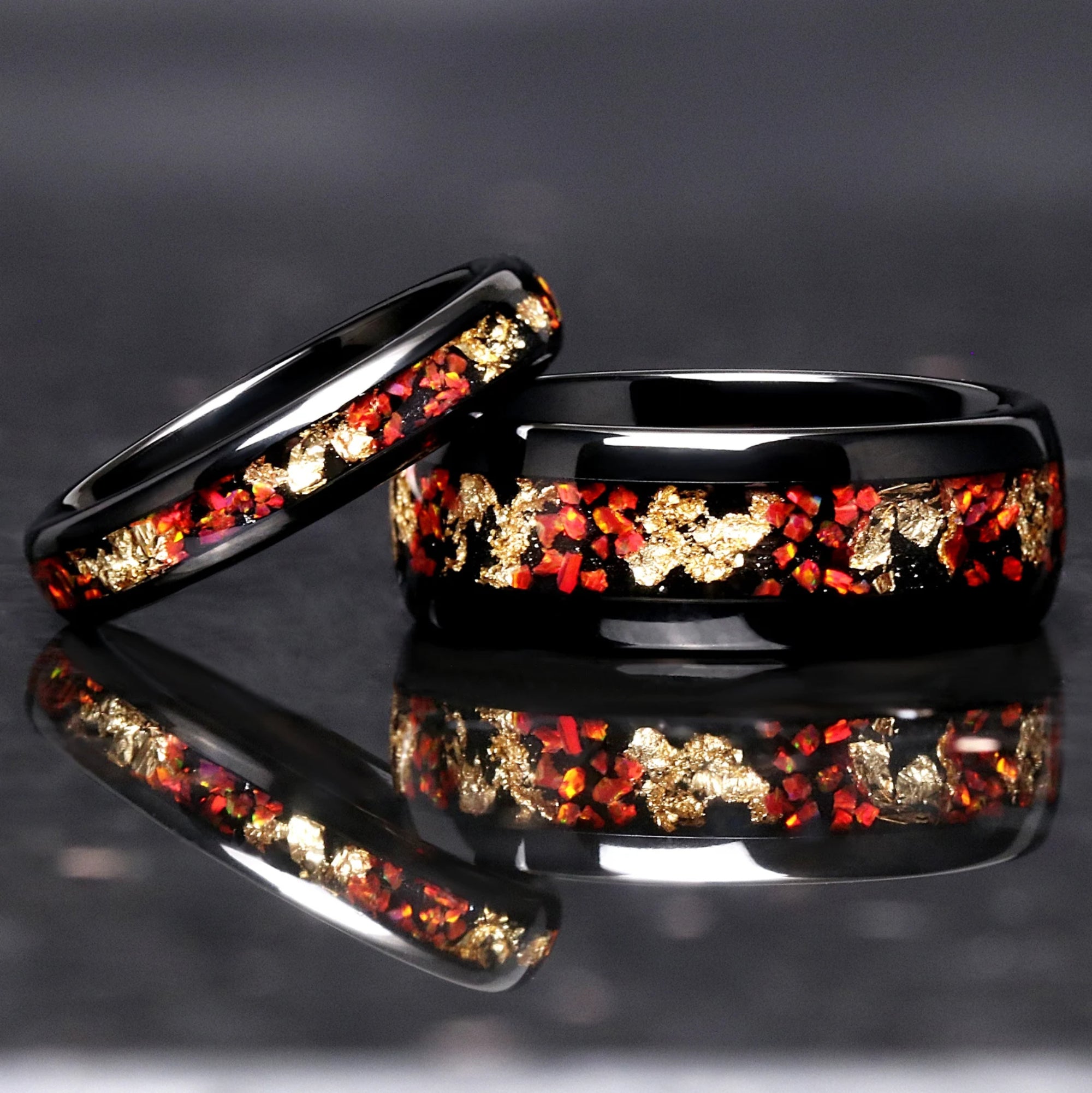 Amour Ringe Set Ringe für Paare Wolfram, Opal und Blattgold